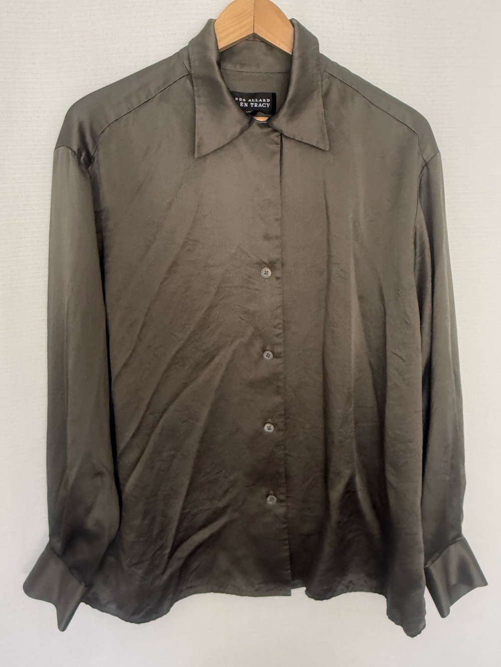 Linda Allard Ellen Tracy Vintage 100% Silk Olive Green Long Sleeve Blouse 10